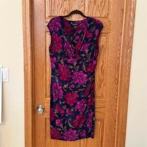 Lauren Ralph Lauren Dress Womens Size 14 Navy Floral Faux Wrap Sheath Knee